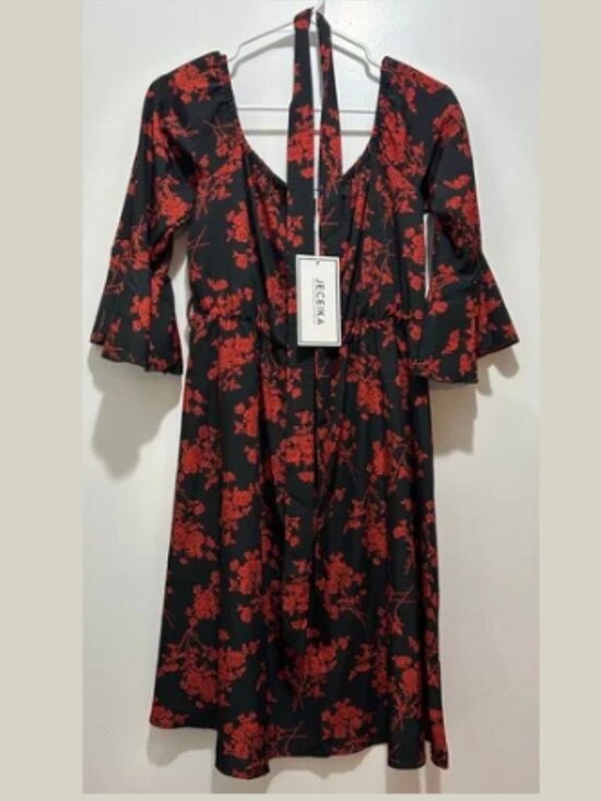 Jeceika Dresses & Skirts - Jeceika bell sleeve black dress with red flower design Size L